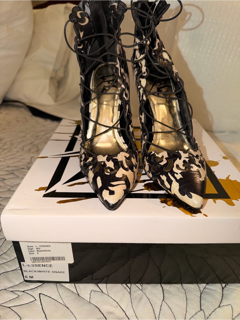 Black & White Lace-Up Snake-Print Heels
